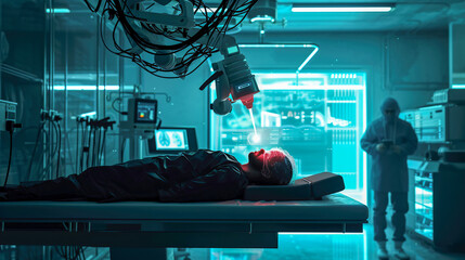 Brain Computer Interface in a futuristic laboratory, creepy film scenes. Direct communication between the brain and technology
