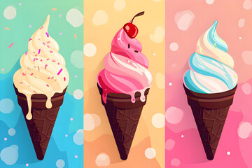  set of colorful different ice cream cone on pink, blue and yellow background