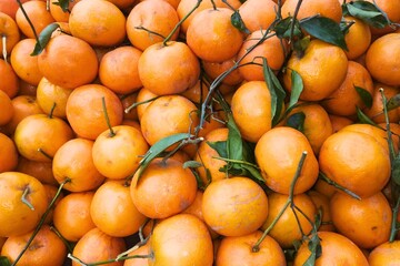 Fresh Orange with Leaves at Fruit Shop, Fruit Background