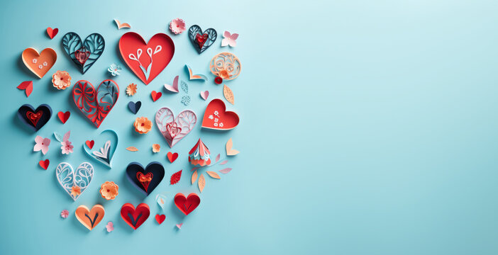 photo A whimsical array of paper heart cut-outs, some with patterns and others solid, fluttering against a clear sky background, representing the playful