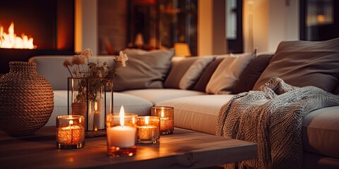 Contemporary living room with fashionable sofa and lit candles on table.