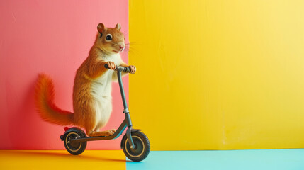 funny cute animals on a scooter. driving animals on a bright colored yellow background. Funny screensavers. leisure. drive. extreme. Funny animals.