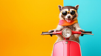 funny cute animals on a scooter. driving animals on a bright colored yellow background. Funny...