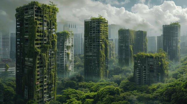 An abandoned metropolis, overgrown with grass and trees. A city swallowed up by nature.