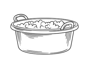 Cleaning tool linear. Bucket with soap. Cleanliness and hygiene. Household chores and routine. Minimalistic creativity and art. Outline flat vector illustration isolated on white background