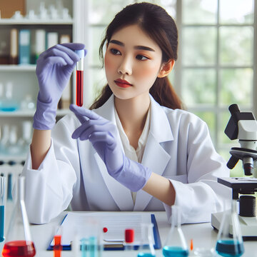 female scientist looking at a test tube
