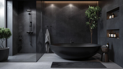 Bathroom interior design with matte black bath.