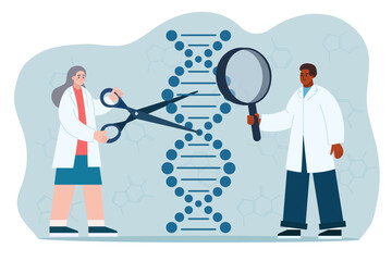 Scientists sequencing DNA helix, researching and analyzing dna molecule in laboratory. Clinical lab experiments. Genetic dna research. Genetic engineering concept. Vector illustration