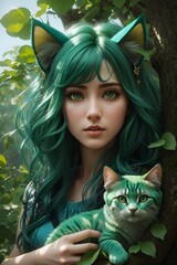 Beautiful Cat Girl With Cats in Green Forest, Cat Girl Anime, AI Generative