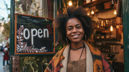 Smiling cafe owner, African American woman, standing by the Open entrance sign, inviting atmosphere with warm lights in the background, small local business and businesswoman concept - obrazy, fototapety, plakaty