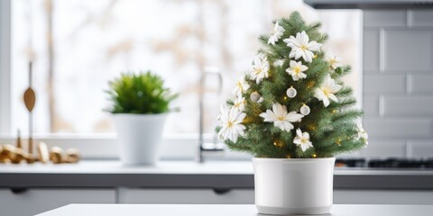 Fototapeta na wymiar Christmas-themed white small tree in modern Scandinavian kitchen background with decorative white flower pot.