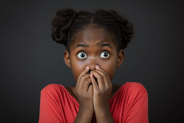 Nervous African American school girl and biting nails in studio with oops reaction to gossip on black background. Mistake, sorry, drama or secret with regret, shame or awkward
