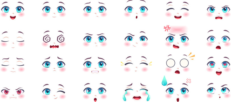 Anime expressions. Kawaii cute faces with eyes lips and nose cartoon anatomy smiling manga girls exact vector pictures set isolated