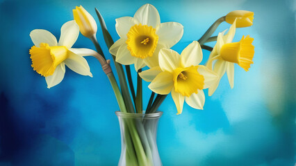 Garden daffodil flowers in a vase on a blue background.