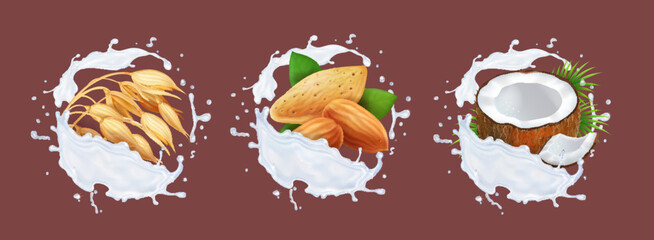 Alternative milk. Almond, oats and coconut in milk splash. Vegetarian drink 3d illustration