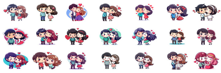 Set of kawaii kissing couple in sticker style.
