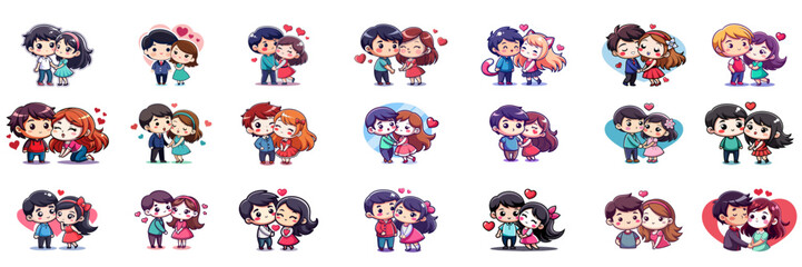 Set of kawaii kissing couple in sticker style.