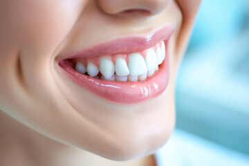 Obraz premium Close up of lower face part and toothy smile of woman. Young female patient of dental clinic.
