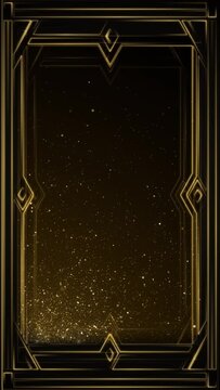 Vertical video - elegant vintage golden Art Deco frame background and glittering gold particles. This 1920s luxury background with ornate lines is HD and looping. Suitable for text intros or titles.
