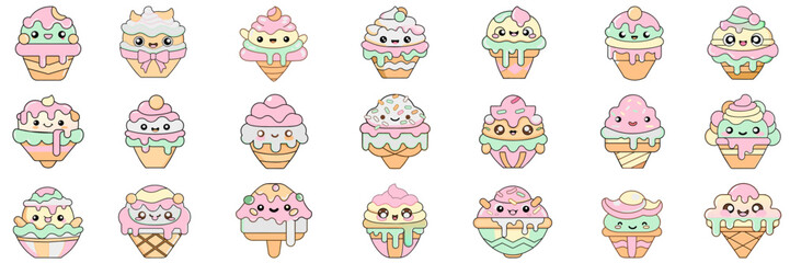 Set of kawaii icecream in sticker style.