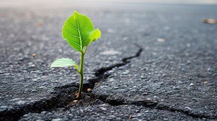 green plant growing from crack in asphalt