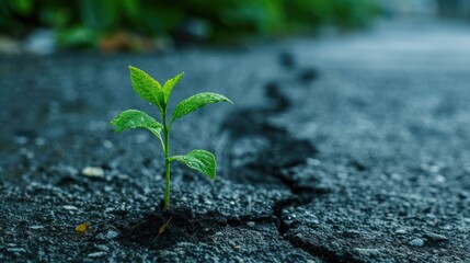 green plant growing from crack in asphalt