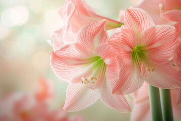 Close-up macro soft focus on petal pink Amaryllis flowers tropical forest plant blossom pastel background. - obrazy, fototapety, plakaty