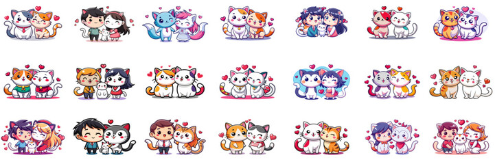 Set of kawaii cat and kawaii humanoid cat in sticker style.