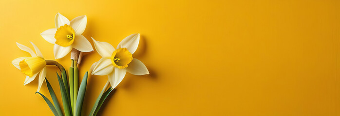 Fototapeta premium Garden flowers of daffodil on yellow background. Top-down view and copy space