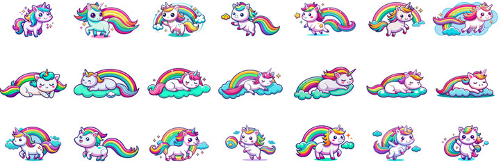 Fototapeta premium Set of kawaii unicorn in sticker style.