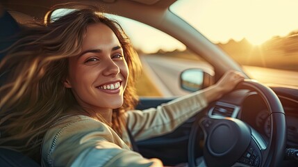 smiling woman sitting in a car, conveying the joy of driving.
