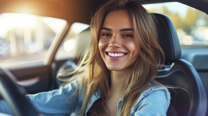 Fototapeta na wymiar smiling woman sitting in a car, conveying the joy of driving.