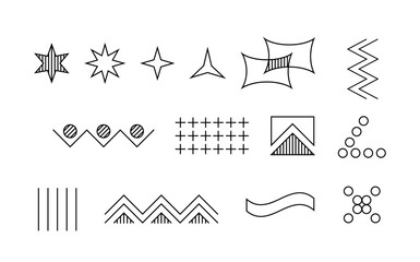 Fototapeta premium Geometric line elements set. Patterns from dots and waves. UI and UX design. Minimalistic creativity and art. Flyer and booklet. Outline flat vector collection isolated on white background