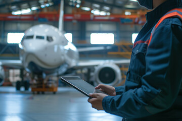 worker technician with tablet in hangar with airplane.