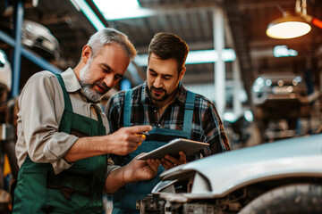 mechanics in a workshop repairing a car