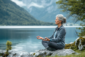 Fototapeta premium outdoor activities, senior woman enjoying nature