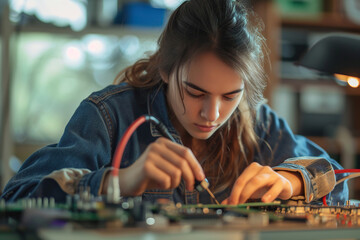 girl in a home workshop, electronics and equipment