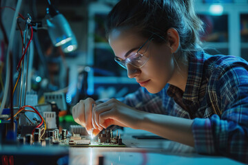 girl in a home workshop, electronics and equipment