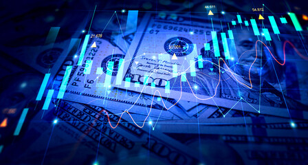 Fototapeta na wymiar Dollars with stock market chart graph for currency exchange and global trade forex concept. 