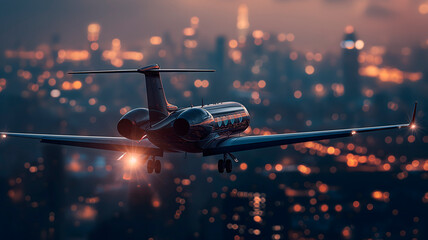Vista aérea de un jet privado volando cerca de edificios de una ciudad  al atardecer - obrazy, fototapety, plakaty