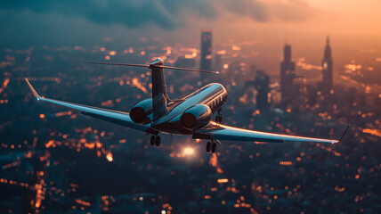 Vista aérea de un jet privado volando cerca de edificios de una ciudad  al atardecer - obrazy, fototapety, plakaty