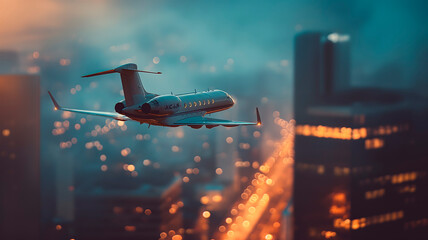Vista aérea de un jet privado volando cerca de edificios de una ciudad  al atardecer