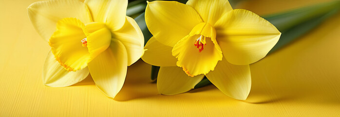 Garden flowers of daffodil on yellow background.