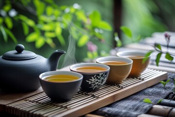 Obraz na płótnie Canvas Adorable teapot pours hot, fresh green tea, creating a spectacularly serene moment.