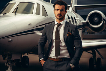 picture of businessman with private jet  - obrazy, fototapety, plakaty