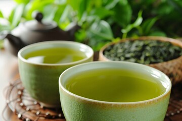 Freshly brewed green tea graces the cup, offering a wonderful taste.