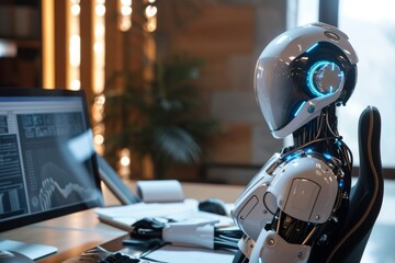 A robot working at a computer in the room. The IT team of the future. Futuristic worker