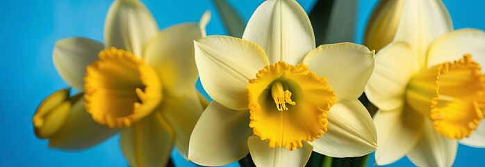 Garden flowers of daffodils on blue background.