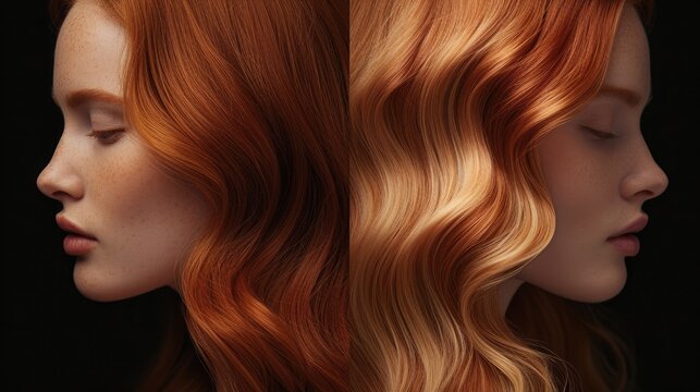 Red hair's dramatic transformation: from natural, unbrushed texture to a vibrant, smooth, and refined appearance in a striking before and after showcase