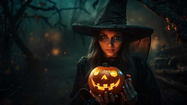 young witch with a pumpkin in the forest. Created with Generative AI.